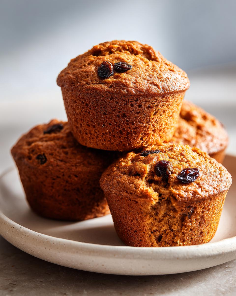 Close-up of several moist bran muffins, topped with raisins, stacked on a light-colored ceramic plate.