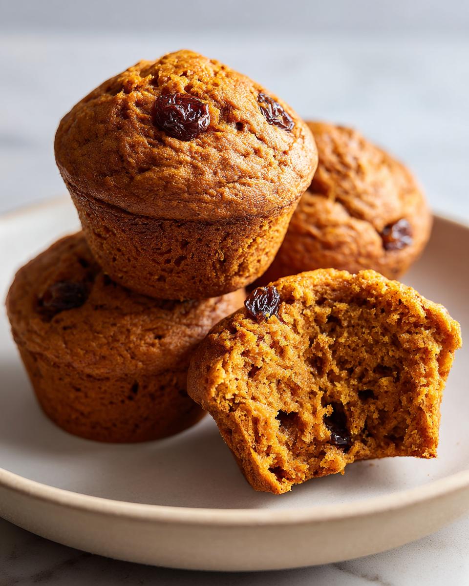 Close-up of several moist bran muffins, one broken open to show the texture and raisins.