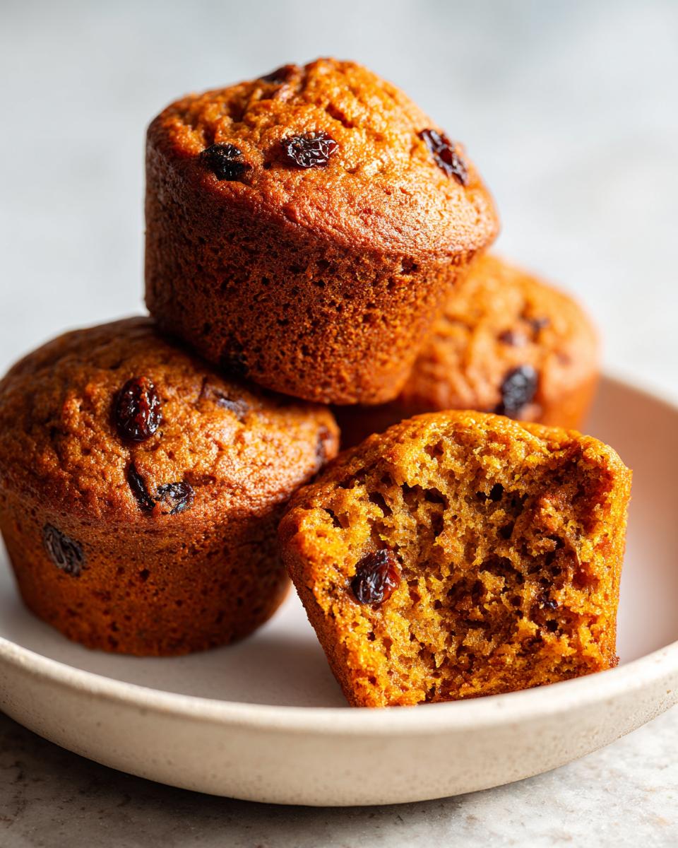 Close-up of several moist bran muffins stacked on a plate, one is broken open showing the texture and raisins.
