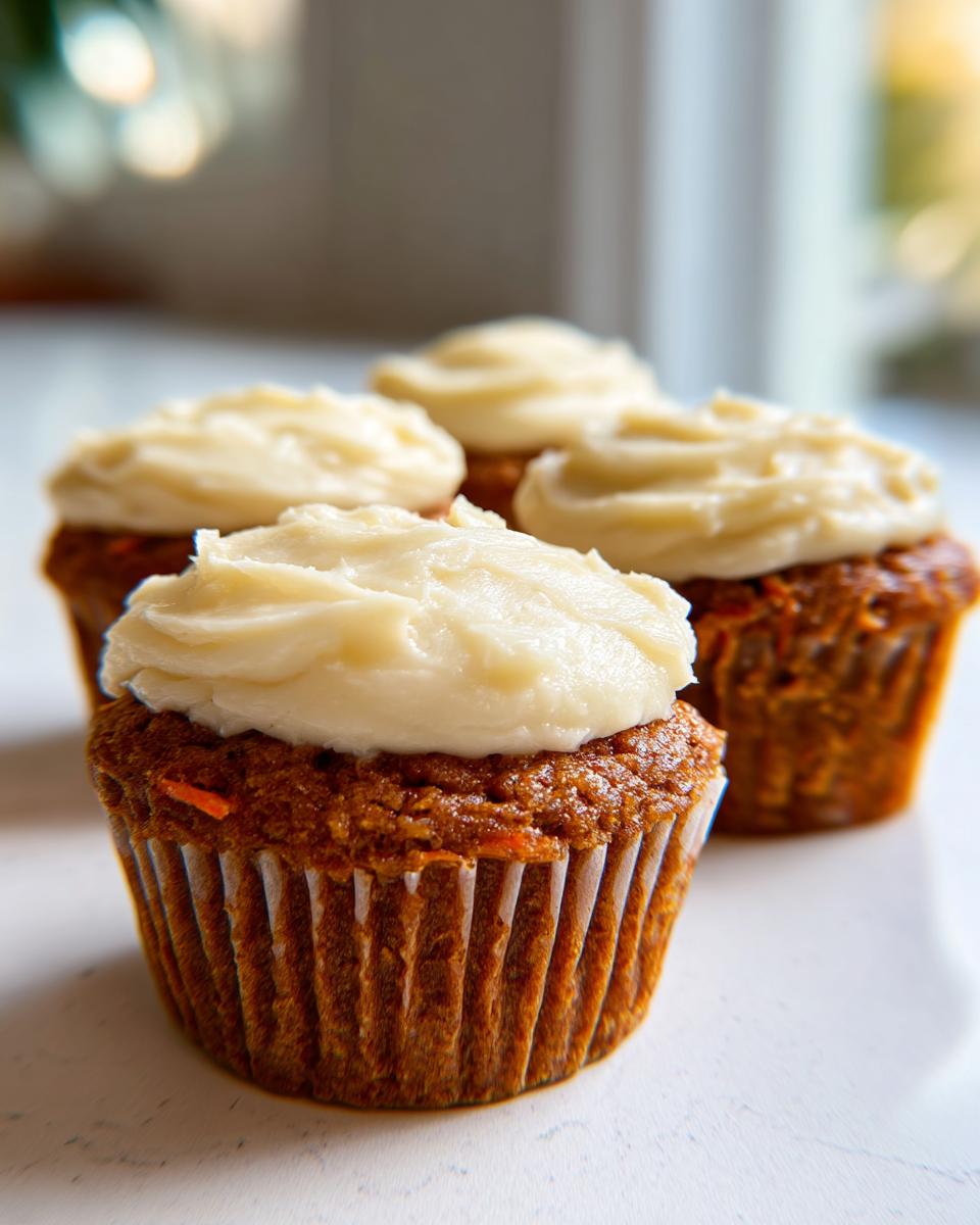 Close-up of moist carrot cake muffins topped generously with thick cream cheese frosting.