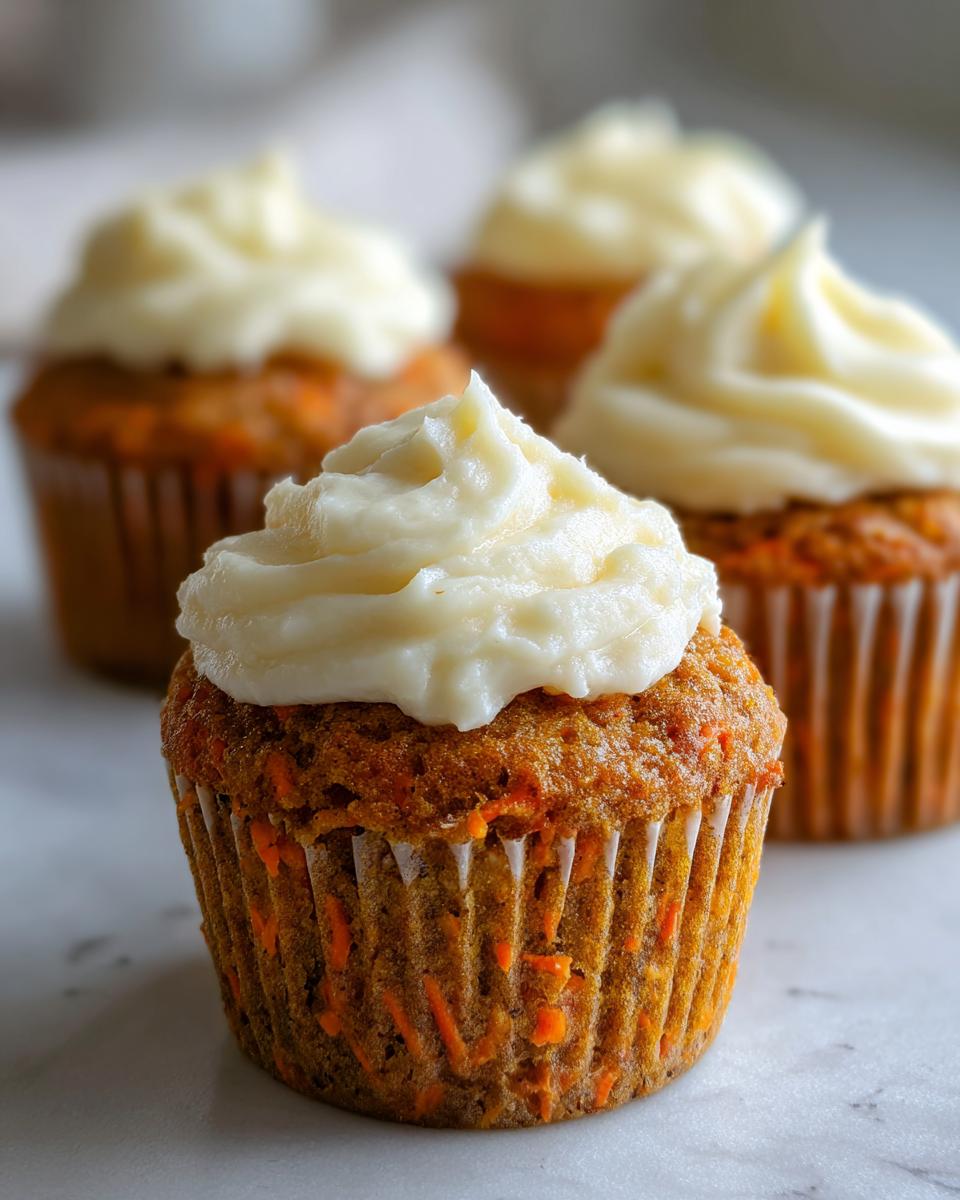 Close-up of a moist carrot cake muffin topped with thick cream cheese frosting, with more carrot cake muffins blurred in the background.