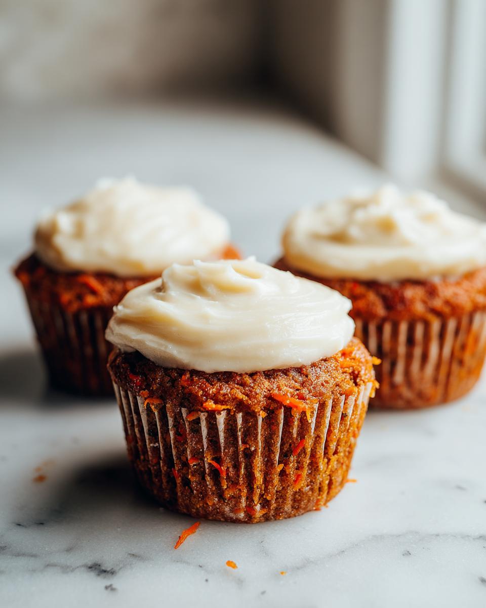 Three moist carrot cake muffins topped with thick cream cheese frosting, sitting on a marble surface.