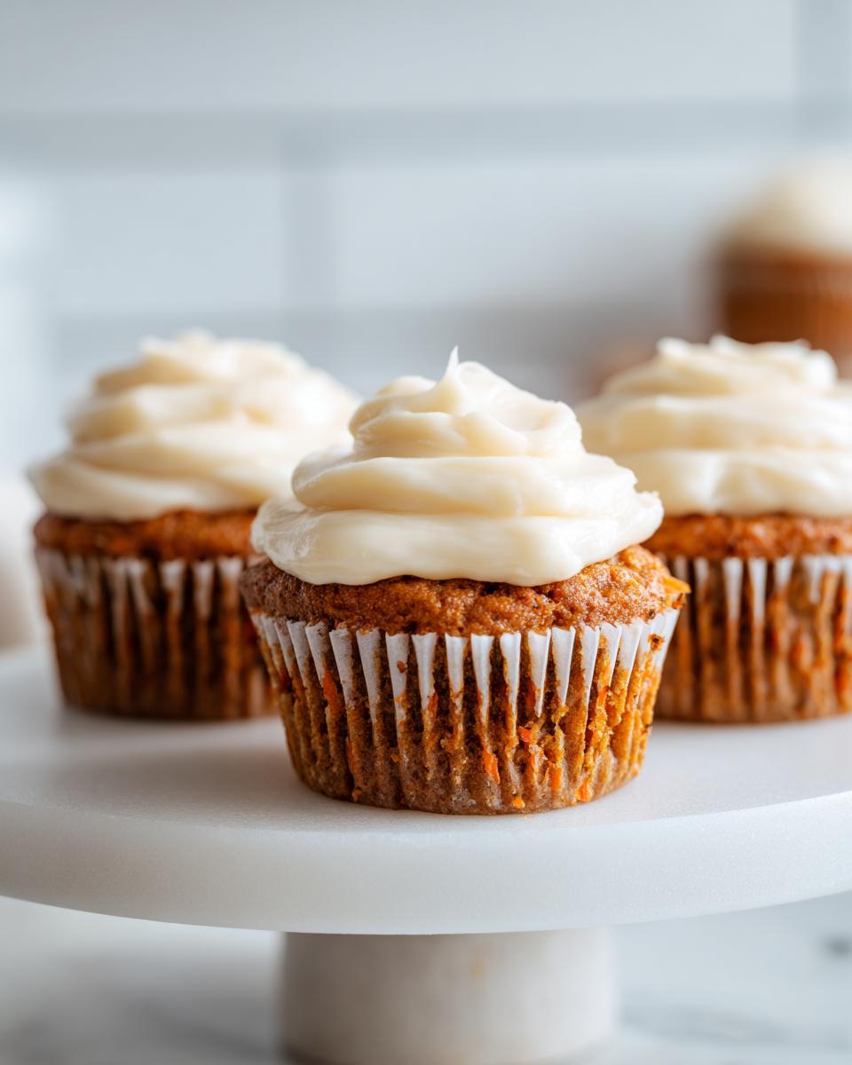 Three moist carrot cake muffins topped with thick swirls of cream cheese frosting, displayed on a white cake stand.