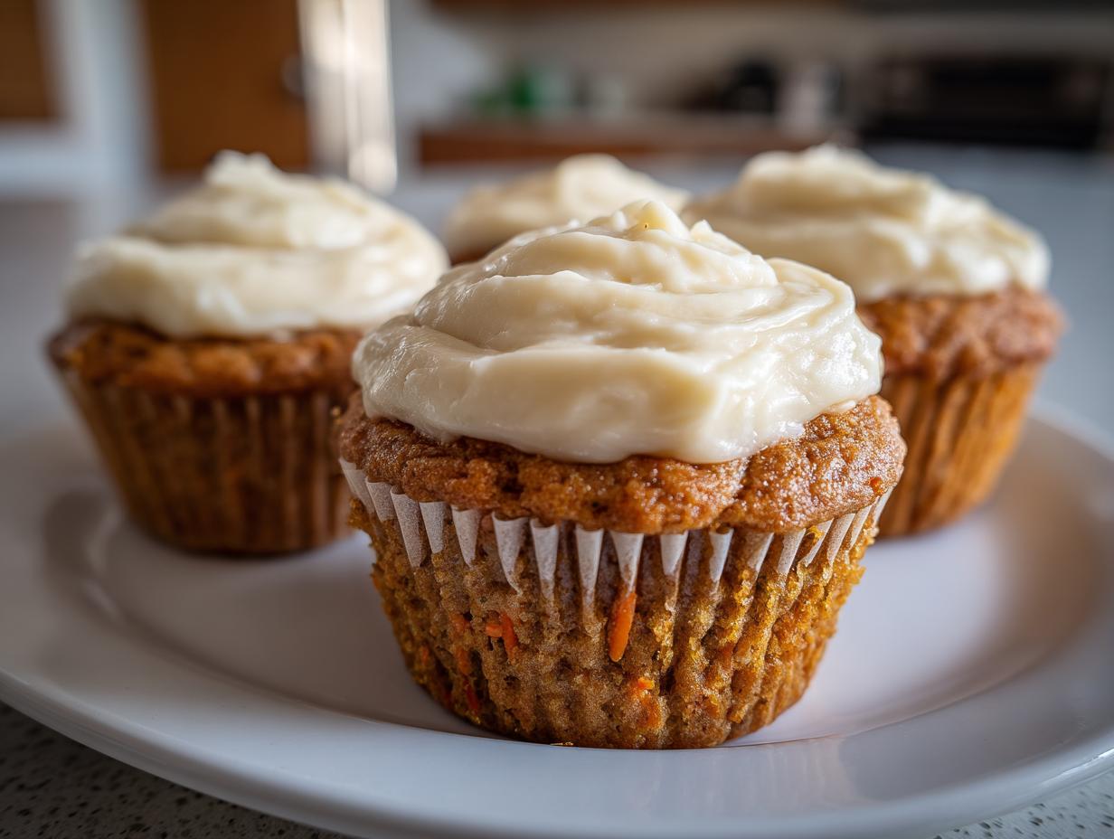 Close-up of moist carrot cake muffins topped with thick cream cheese frosting on a white plate.