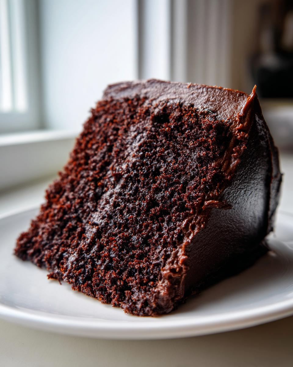 Close-up of a perfectly cut slice of moist chocolate cake covered in dark, glossy chocolate frosting.