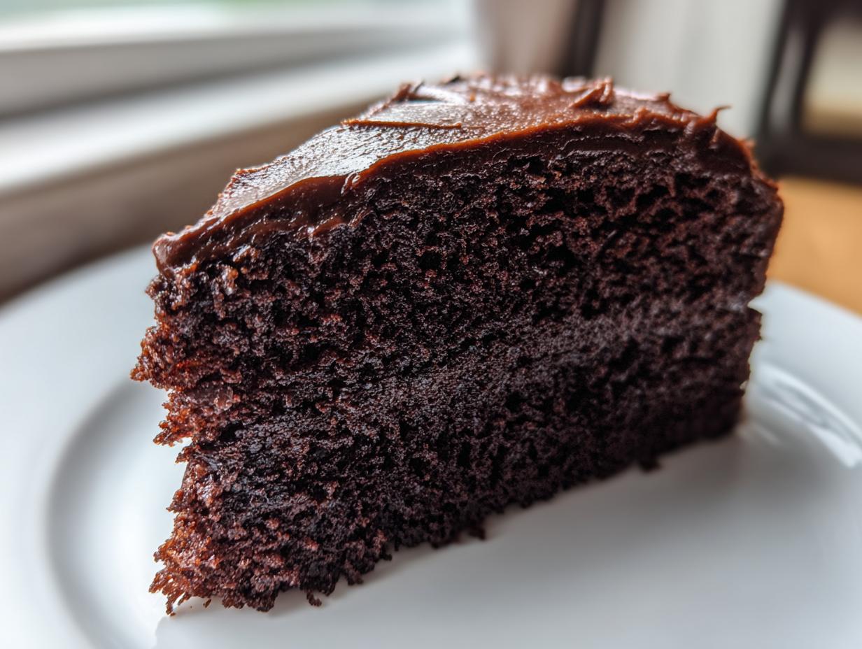 Close-up of a rich, dark slice of moist chocolate cake topped with thick chocolate frosting on a white plate.