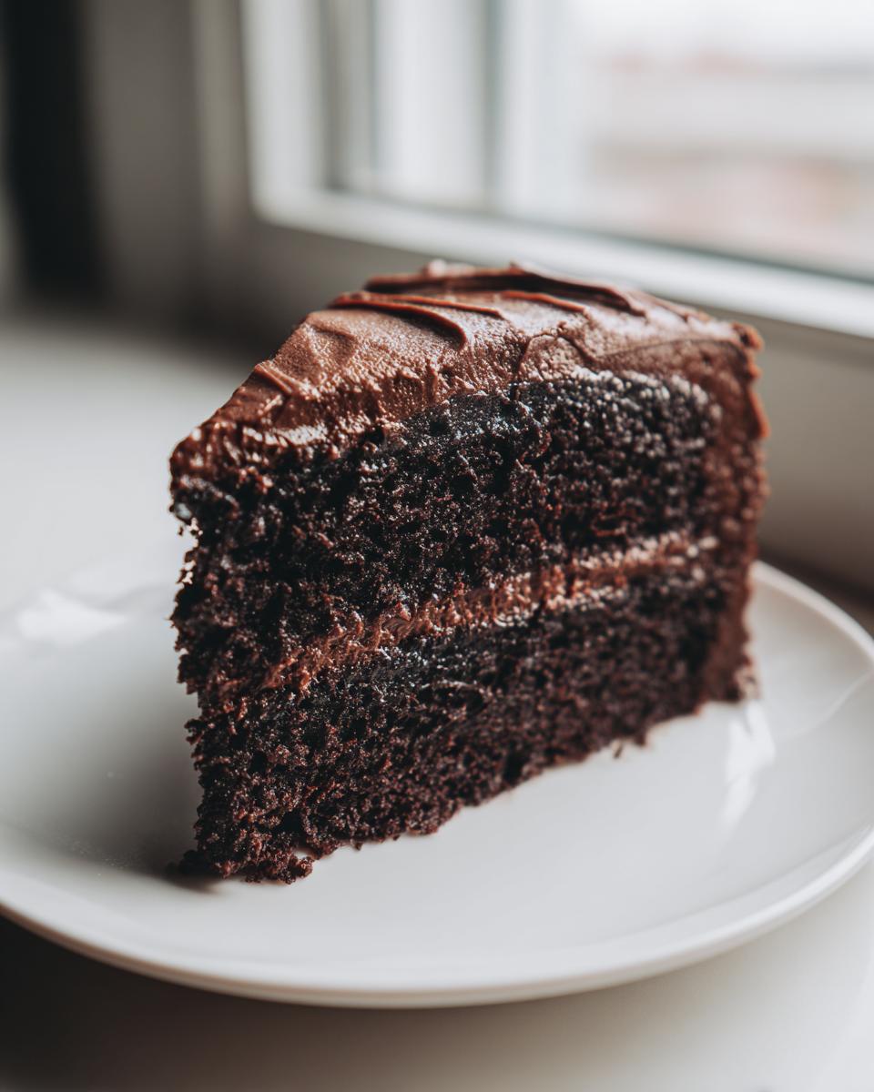 A close-up of a thick slice of moist chocolate cake layered with dark chocolate frosting.