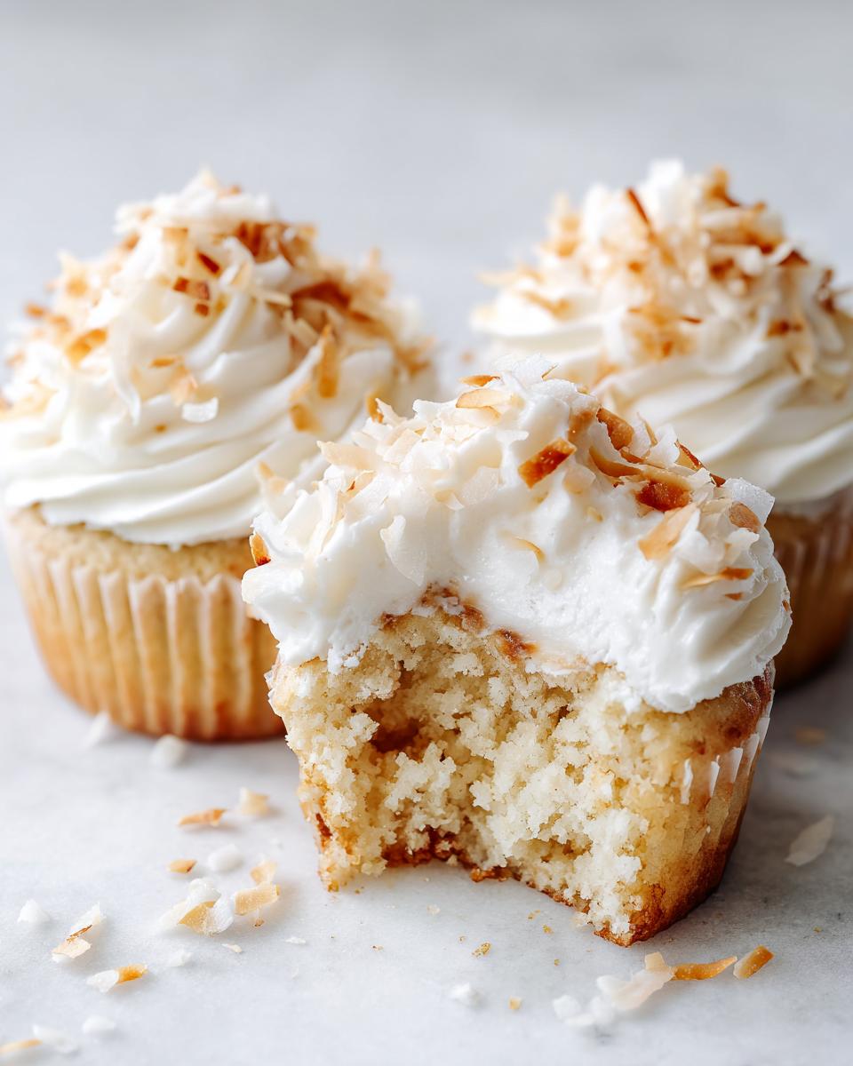 Close-up of a moist coconut cupcake with a bite taken out, showing the crumb texture and white frosting topped with toasted coconut flakes.