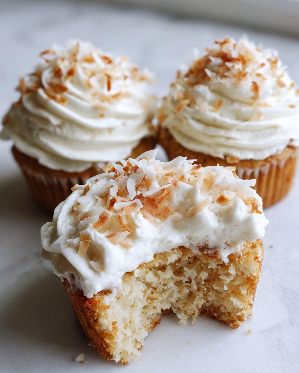 Close-up of moist coconut cupcakes with white frosting and toasted coconut flakes; one has a bite taken out.