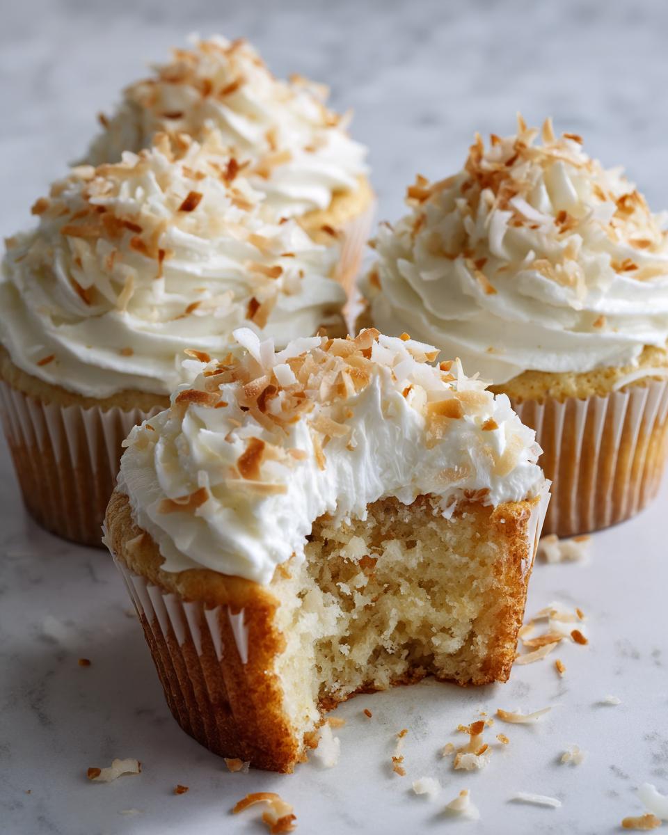 Close-up of moist coconut cupcakes, one with a bite taken out, topped with white frosting and toasted coconut flakes.
