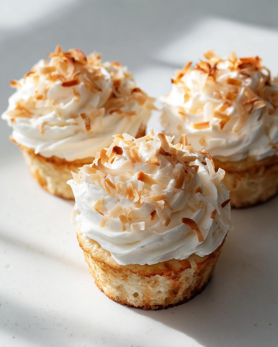 Three moist coconut cupcakes topped with white frosting and toasted coconut flakes.