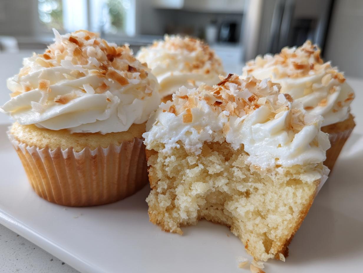 Close-up of moist coconut cupcakes topped with white frosting and toasted coconut flakes; one cupcake has a bite taken out.