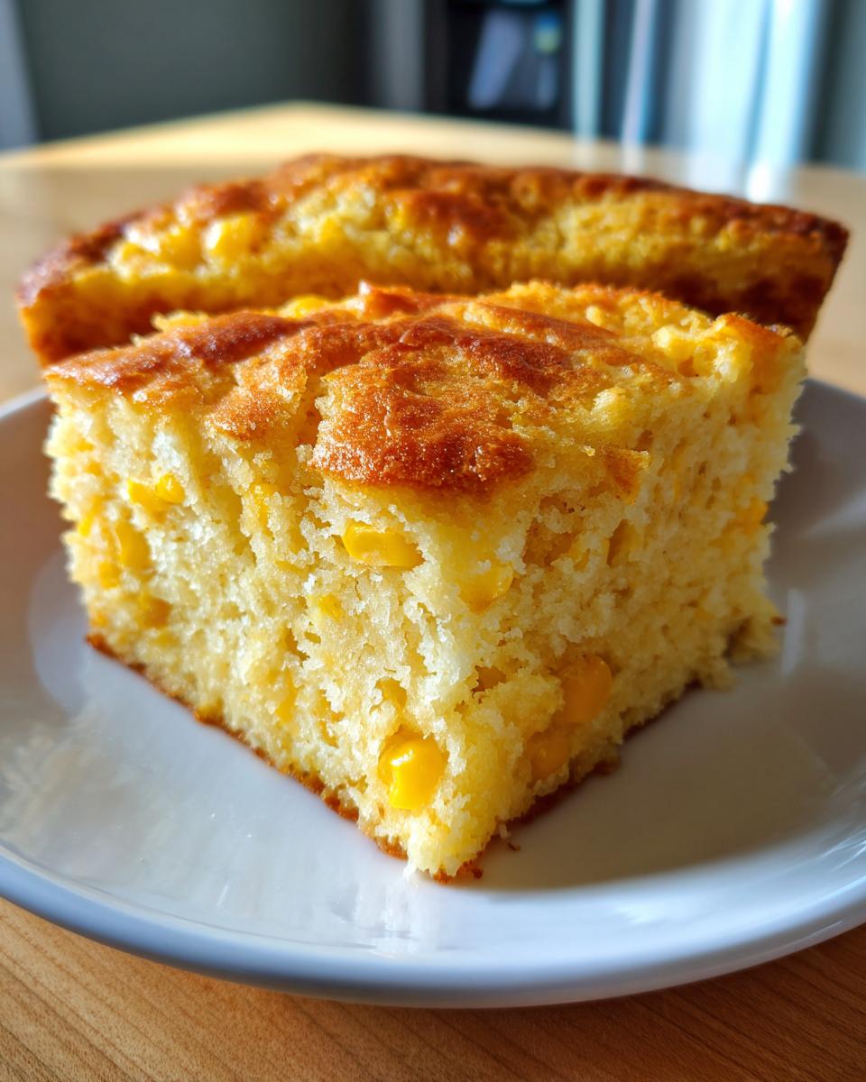 A square slice of moist cornbread casserole studded with whole corn kernels, served on a white plate.