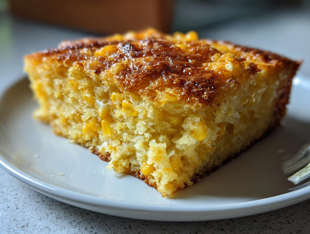 Close-up of a single, moist slice of cornbread casserole showing whole corn kernels and a beautifully browned, slightly glossy top.