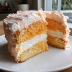 Two slices of moist Creamsicle Cake showing orange sponge layers, white filling, and orange-tinted frosting.