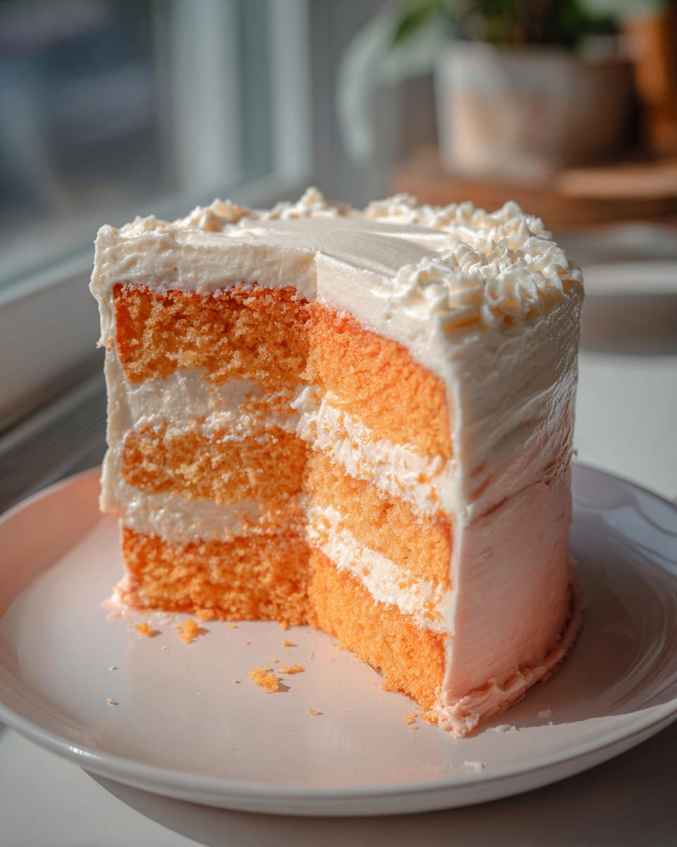 A tall, moist slice of Creamsicle Cake showing three layers of bright orange cake separated by white frosting.