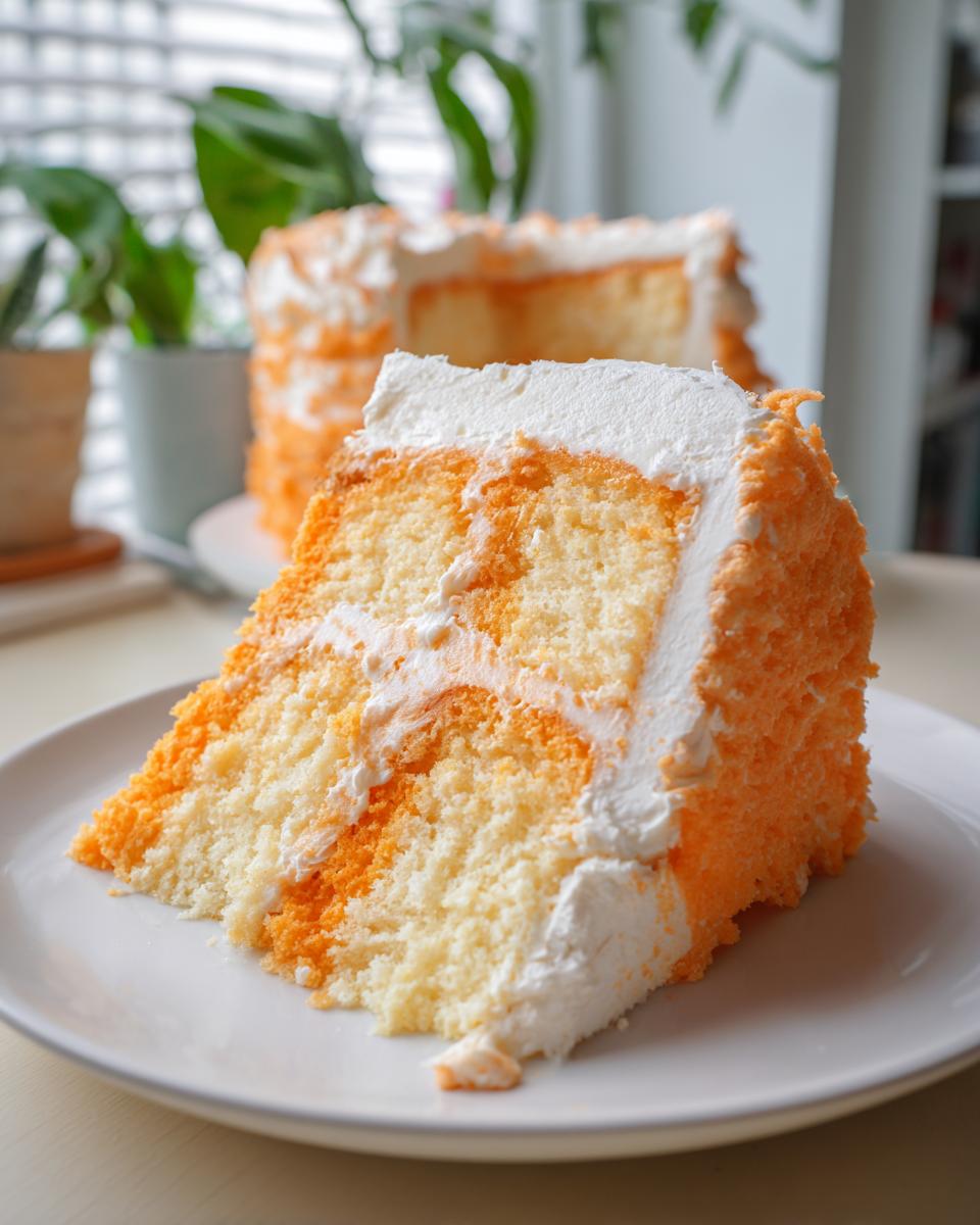 A close-up slice of moist Creamsicle Cake featuring yellow and orange marbled layers, covered in white frosting.