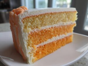 A close-up of a moist slice of Creamsicle Cake showing alternating layers of orange and vanilla cake with white frosting.