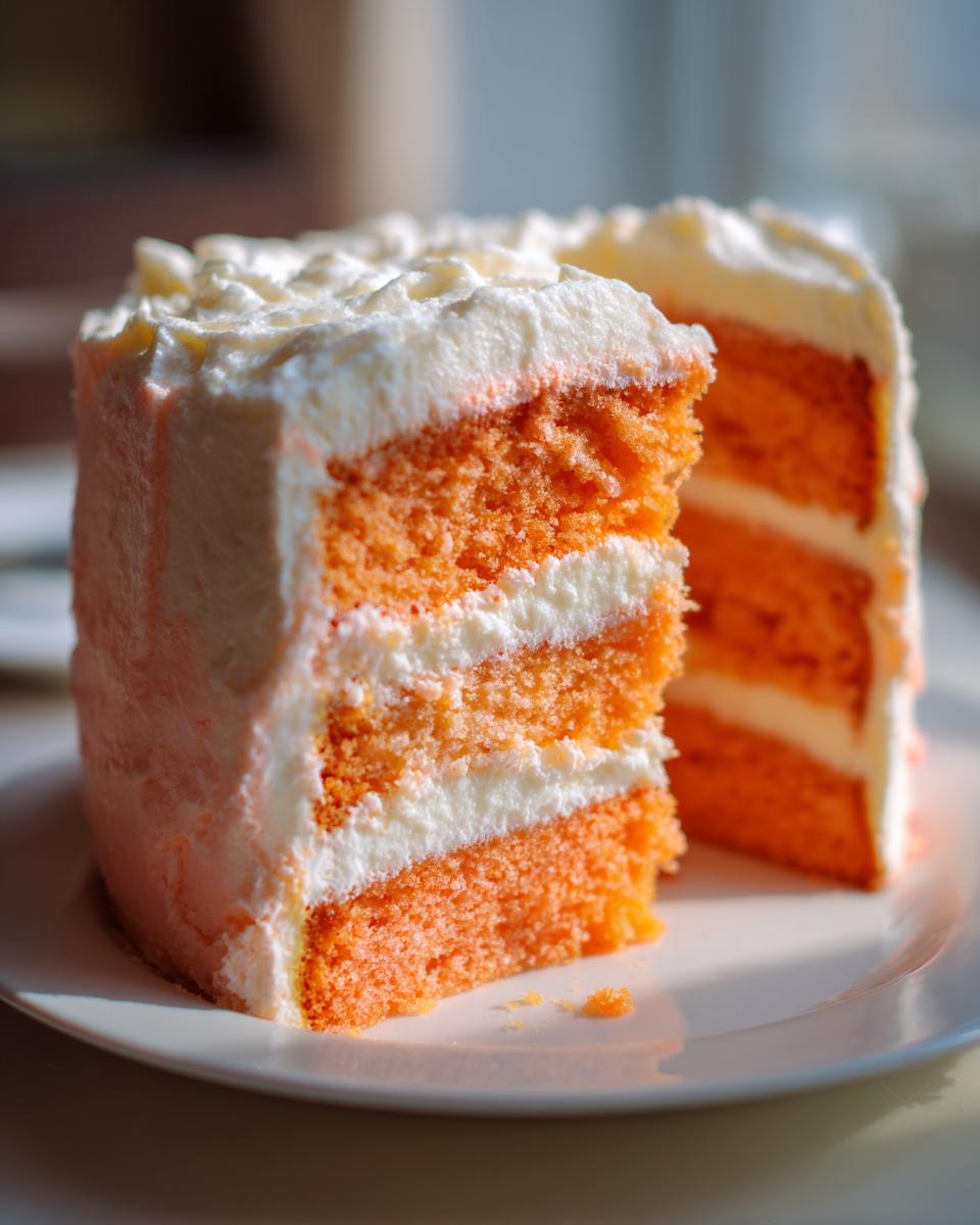 Close-up of a moist, three-layer Creamsicle Cake slice showing bright orange cake layers alternating with thick white frosting.
