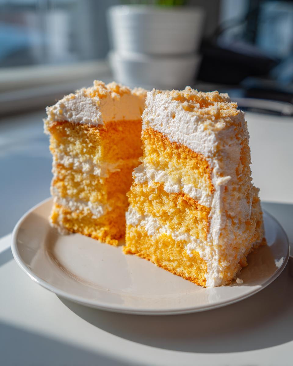 Two moist slices of orange and white layered Creamsicle Cake with whipped frosting and crumbs on a white plate.