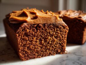 Close-up of a moist, dark brown gingerbread cake slice topped with thick, caramel-colored frosting.