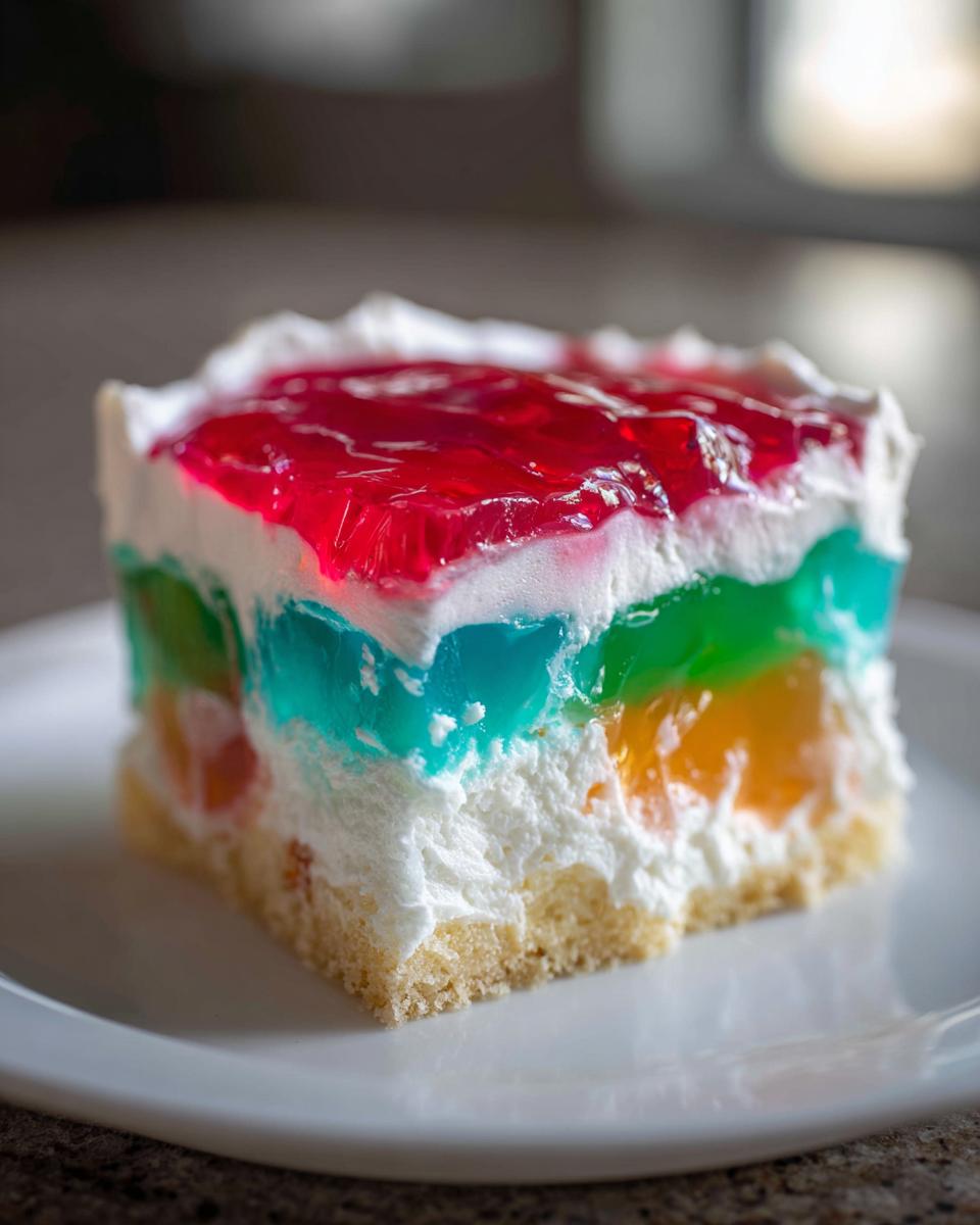 A square slice of moist jello poke cake showing layers of colorful gelatin, white whipped topping, and a cake base.