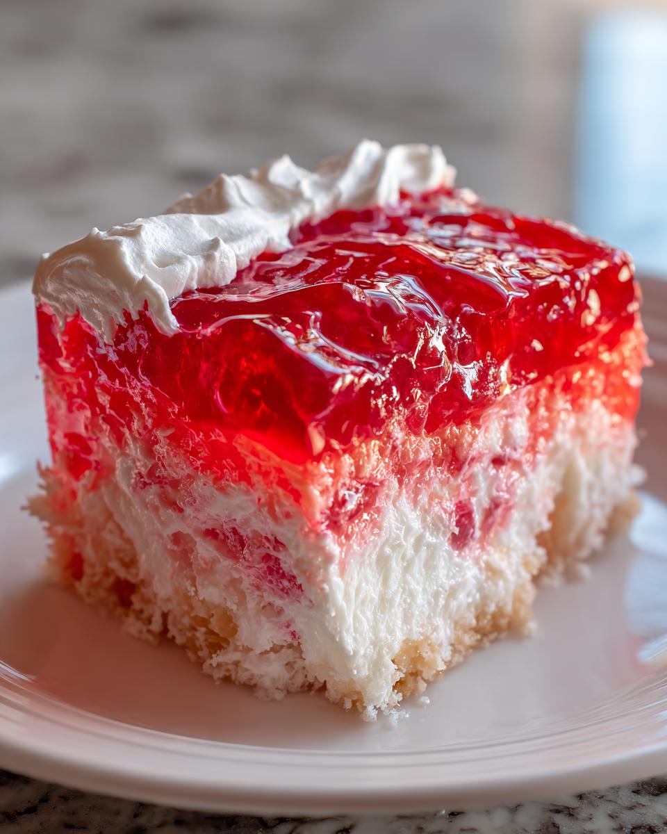 Close-up of a moist slice of strawberry jello poke cake with whipped topping on a white plate.