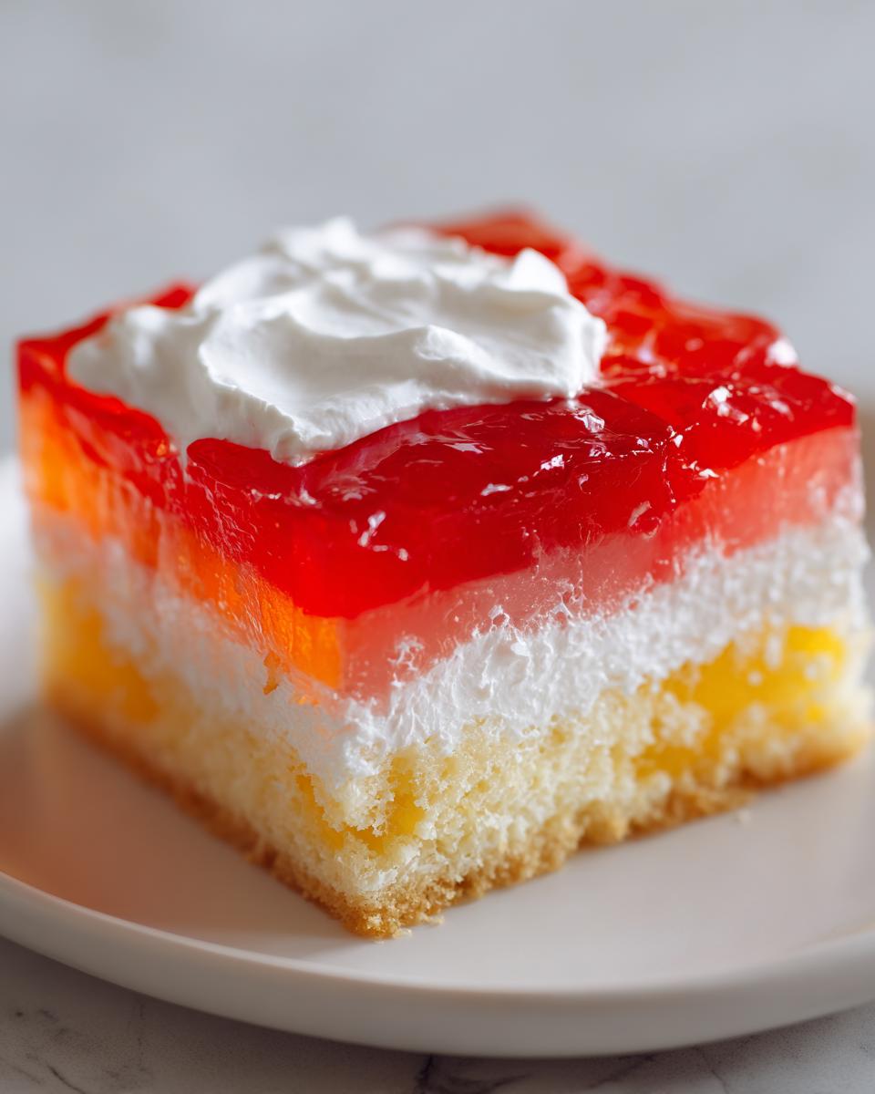 A square slice of moist jello poke cake showing layers of yellow cake, white cream, and bright red jello, topped with whipped cream.