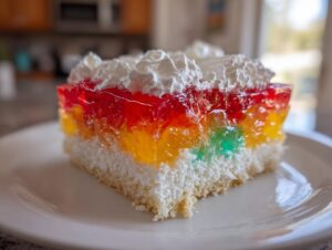 A close-up of a moist slice of rainbow jello poke cake featuring layers of colorful gelatin, white cake, and topped with whipped cream.