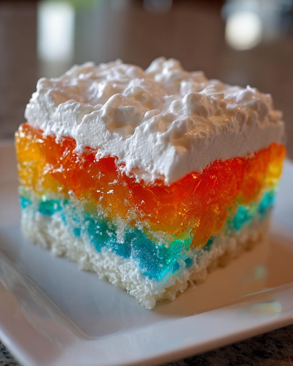 Close-up of a moist slice of jello poke cake showing layers of white cake, bright blue and orange gelatin, topped with whipped cream.