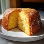 A bright, sunlit close-up of a sliced olive oil cake with a glistening citrus glaze dripping down the sides.