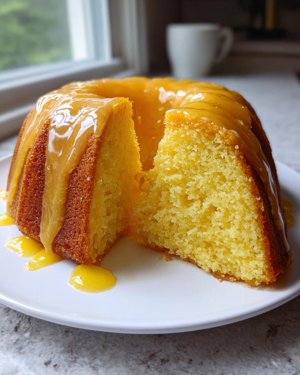 A moist orange juice cake, shaped like a bundt cake, with a slice cut out to show the crumb, topped with a thick orange glaze.