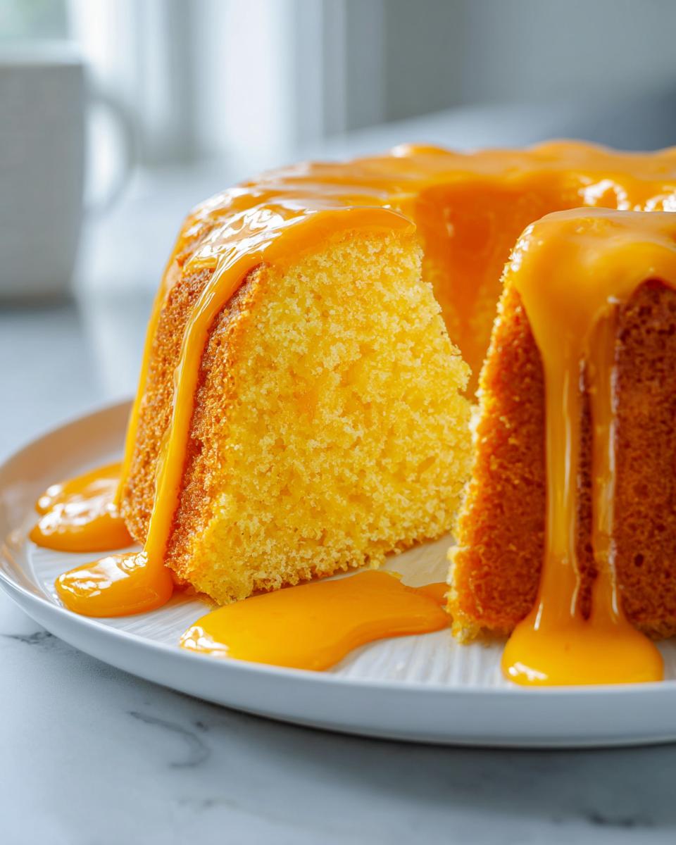 Close-up of a moist orange juice cake with a thick, bright orange glaze dripping down the sides onto a white plate.