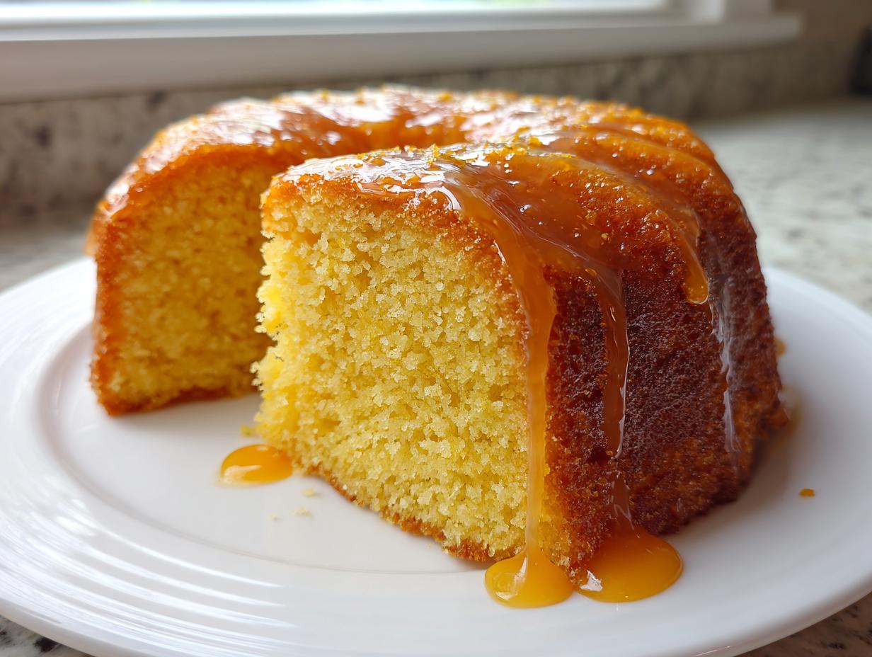 A slice of moist orange juice cake with a thick, glossy orange glaze dripping down the side onto a white plate.