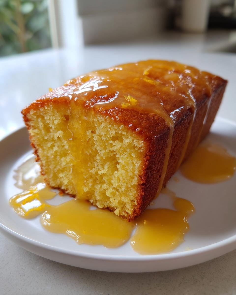 A close-up of a moist slice of orange juice cake topped with a generous, dripping orange glaze.