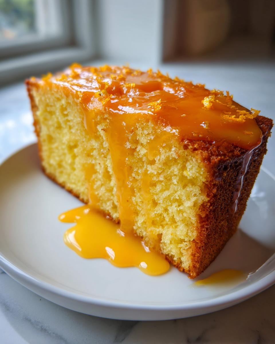 A moist slice of orange juice cake topped with a thick, dripping orange glaze and zest.