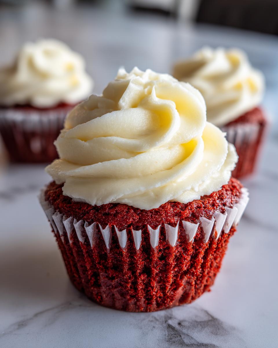 A close-up of a single, moist red velvet cupcake topped with a swirl of white cream cheese frosting, with two more in the background.