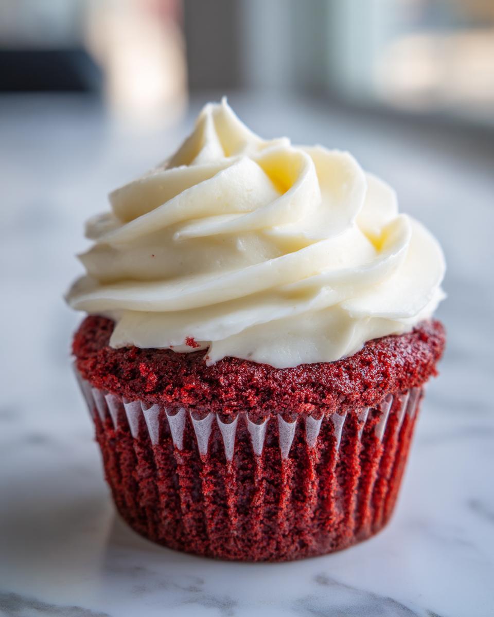 Close-up of a single, vibrant red velvet cupcake topped with a swirl of white cream cheese frosting.