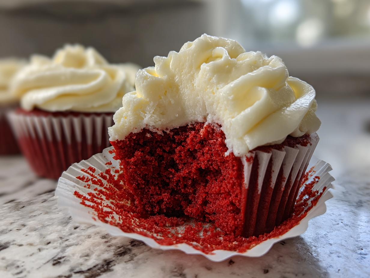 Close-up of a moist red velvet cupcakes with a bite taken out, showing rich red crumb and thick cream cheese frosting.