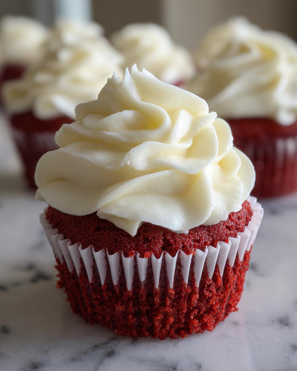 Close-up of a single, vibrant red velvet cupcakes topped with a generous swirl of white cream cheese frosting.