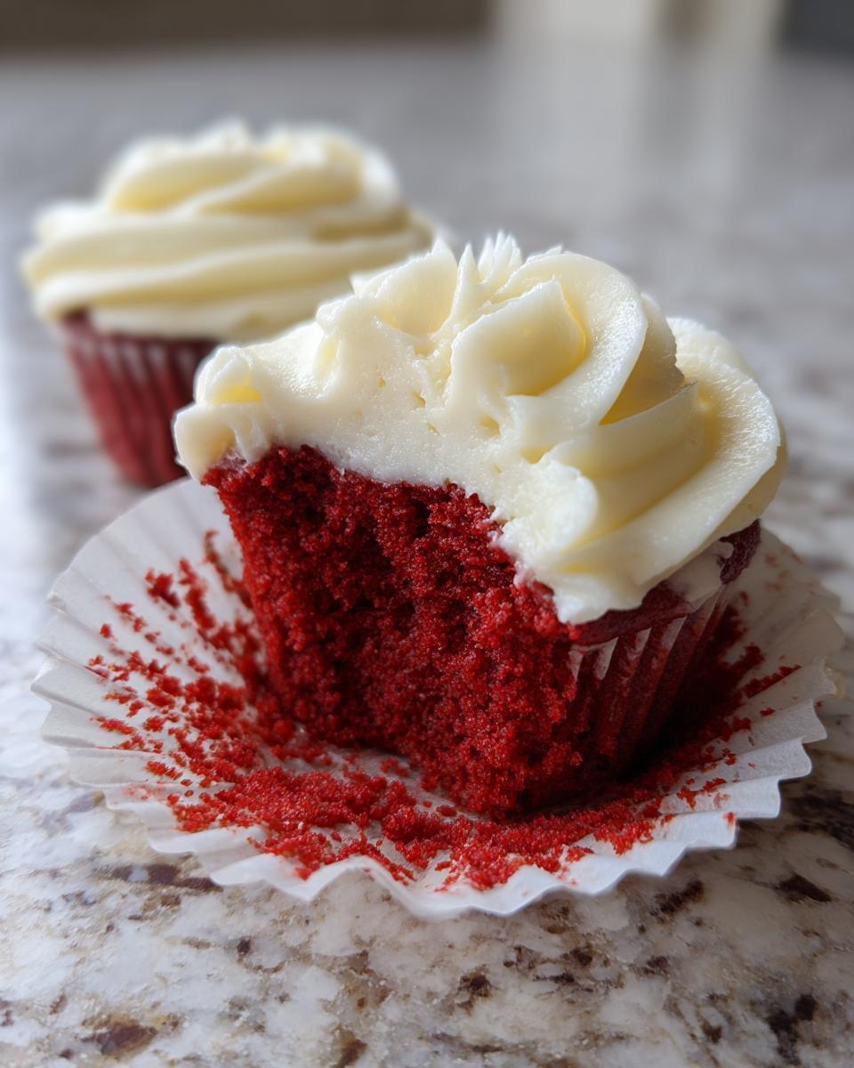 Close-up of a red velvet cupcakes cut in half showing the moist red crumb and thick cream cheese frosting.