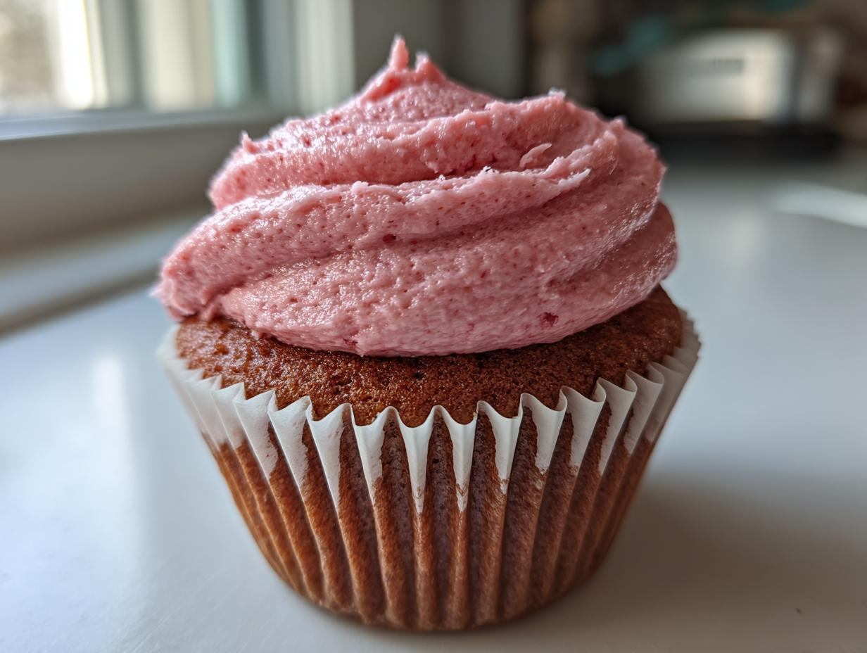 Close-up of a moist strawberry cupcake with a generous swirl of pink strawberry frosting in a white paper liner.