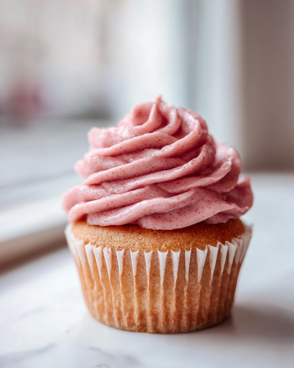 Close-up of a single, moist strawberry cupcake topped with a swirl of vibrant pink, speckled strawberry frosting.