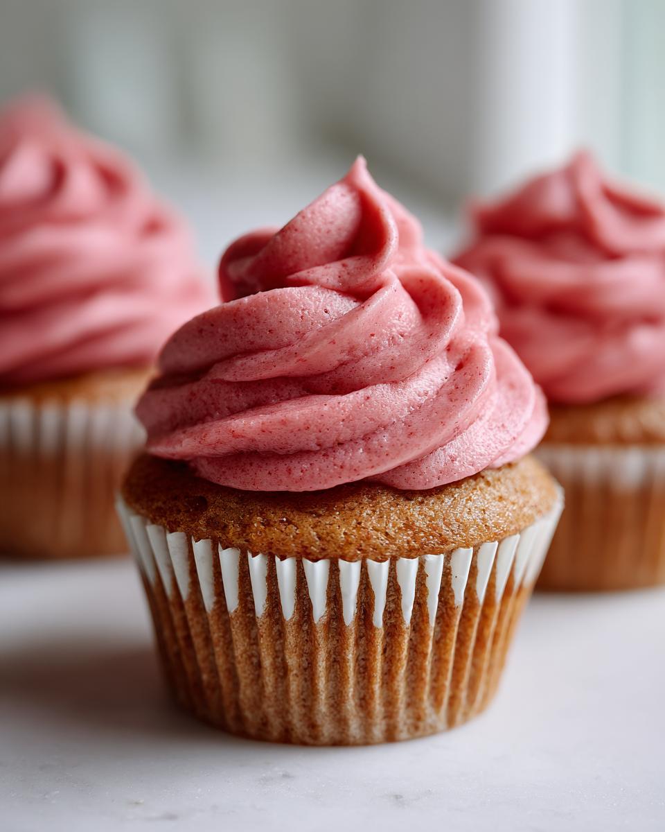 Close-up of a moist strawberry cupcake with vibrant pink strawberry frosting piped high on top.