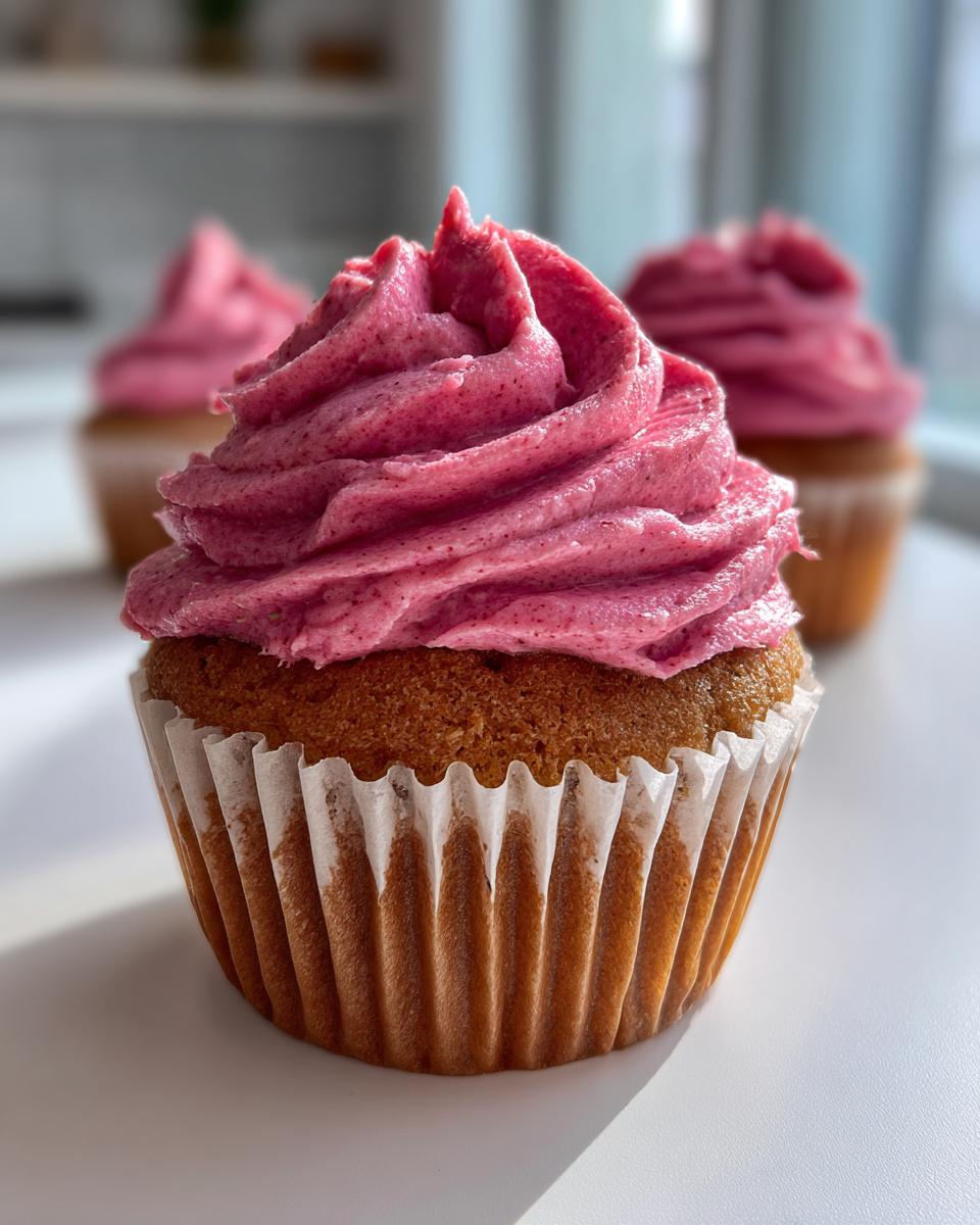 Close-up of a moist strawberry cupcake topped with vibrant, swirled pink strawberry frosting.