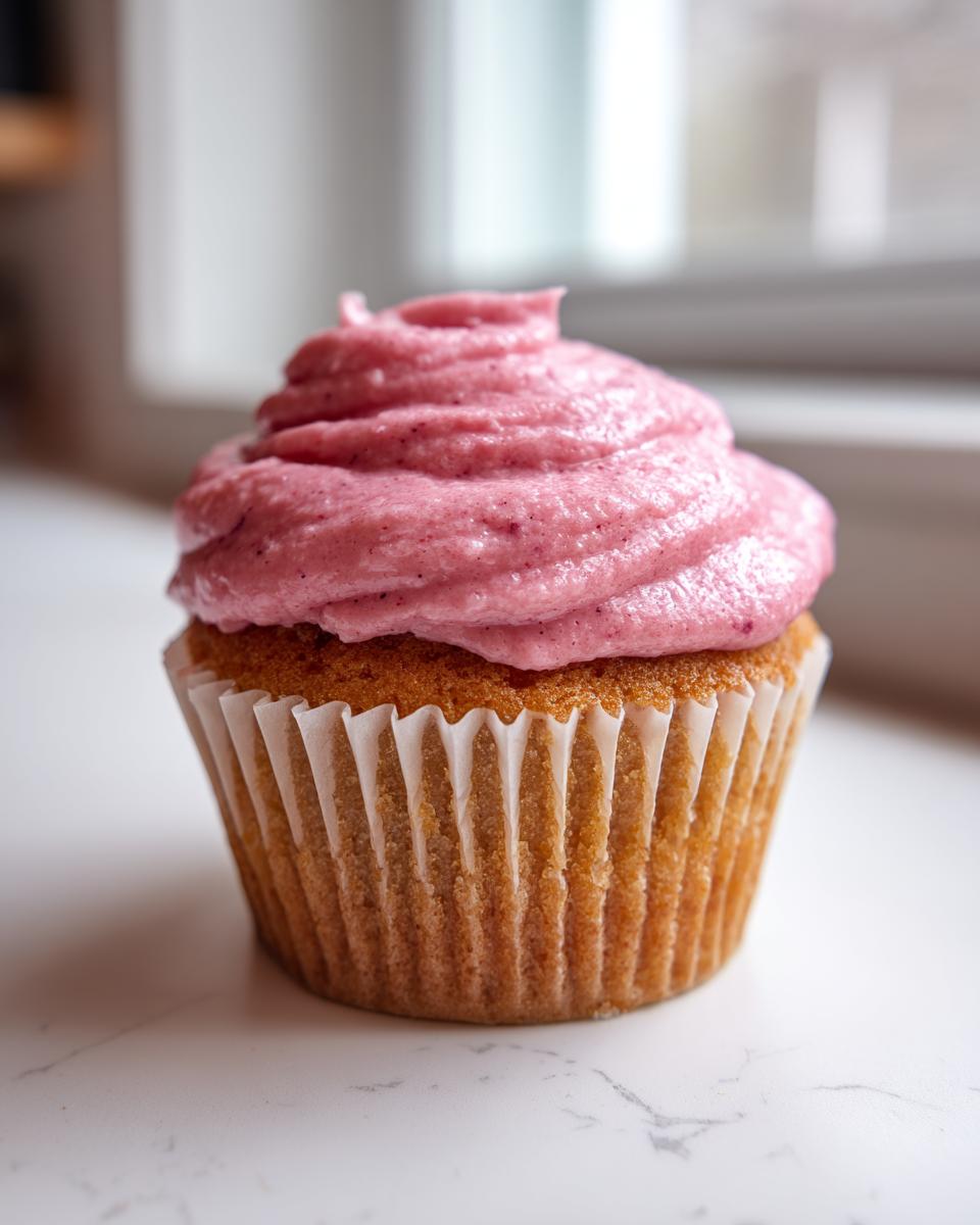 A single, moist strawberry cupcake topped with a generous swirl of vibrant pink strawberry frosting.