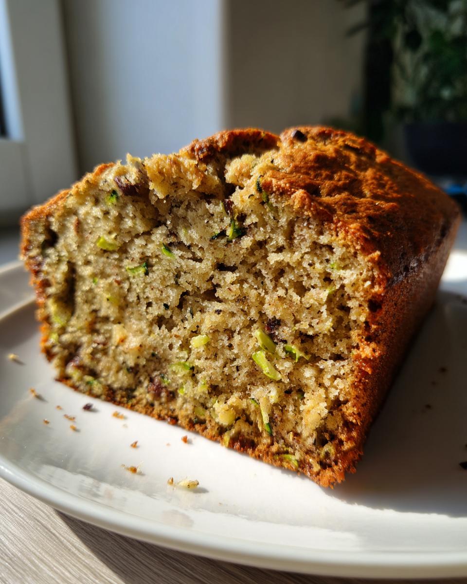 Close-up of a moist slice of zucchini banana bread showing shredded green zucchini throughout the crumb.