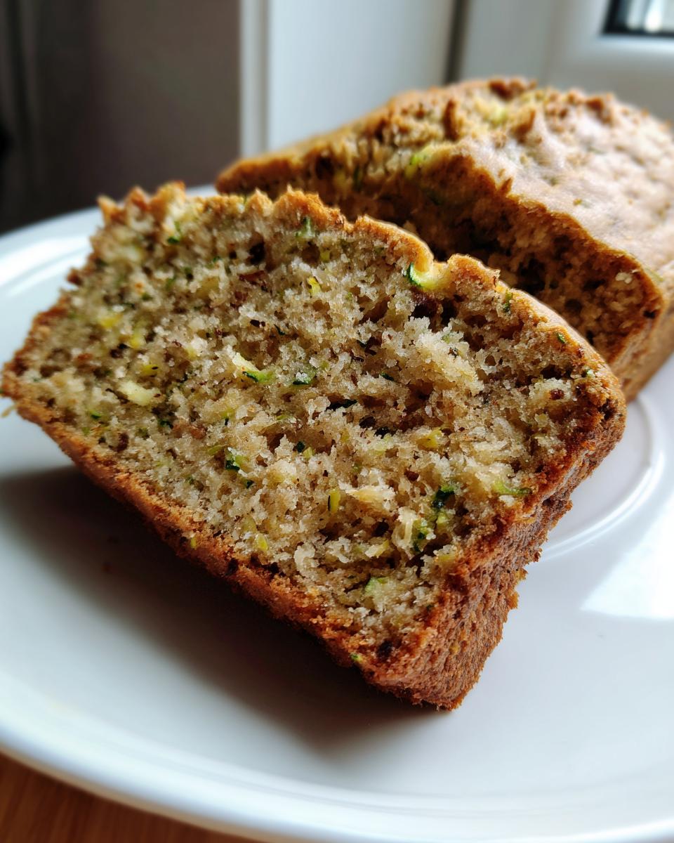 Close-up of a moist slice of zucchini banana bread showing the texture and flecks of green zucchini.