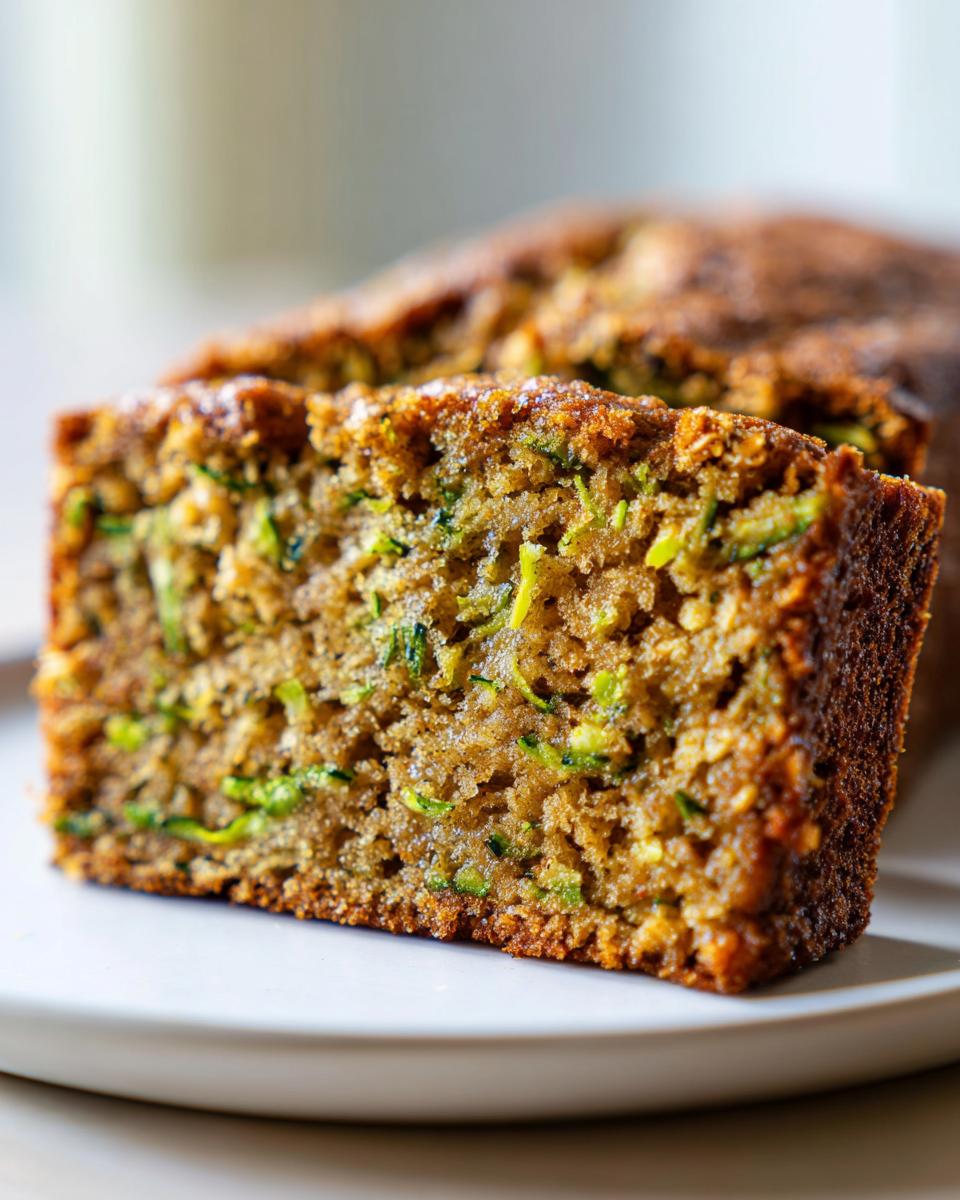 Close-up of a moist slice of zucchini banana bread showing shredded zucchini texture.
