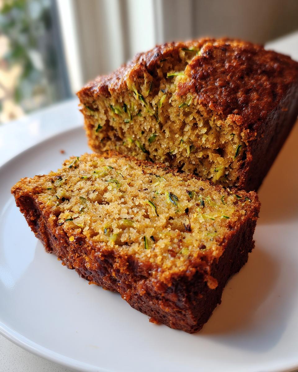 A close-up of moist zucchini banana bread, with one thick slice cut and resting against the main loaf on a white plate.